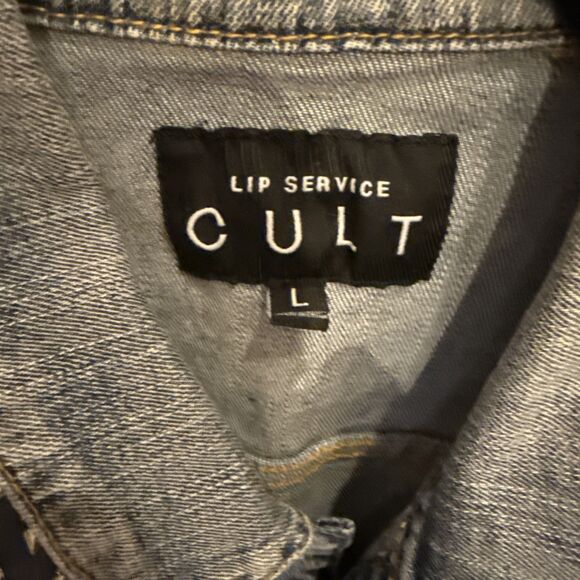 Unisex Denim Studded Vest Peace Sign Lip Service Cult Sz L GUC - Picture 4 of 13